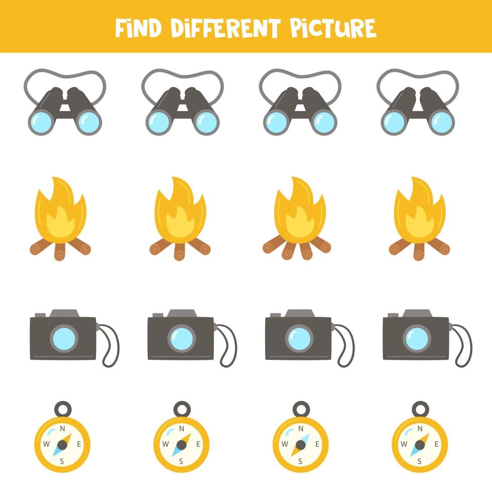 Find camping object which is different from others. Worksheet for kids. vector