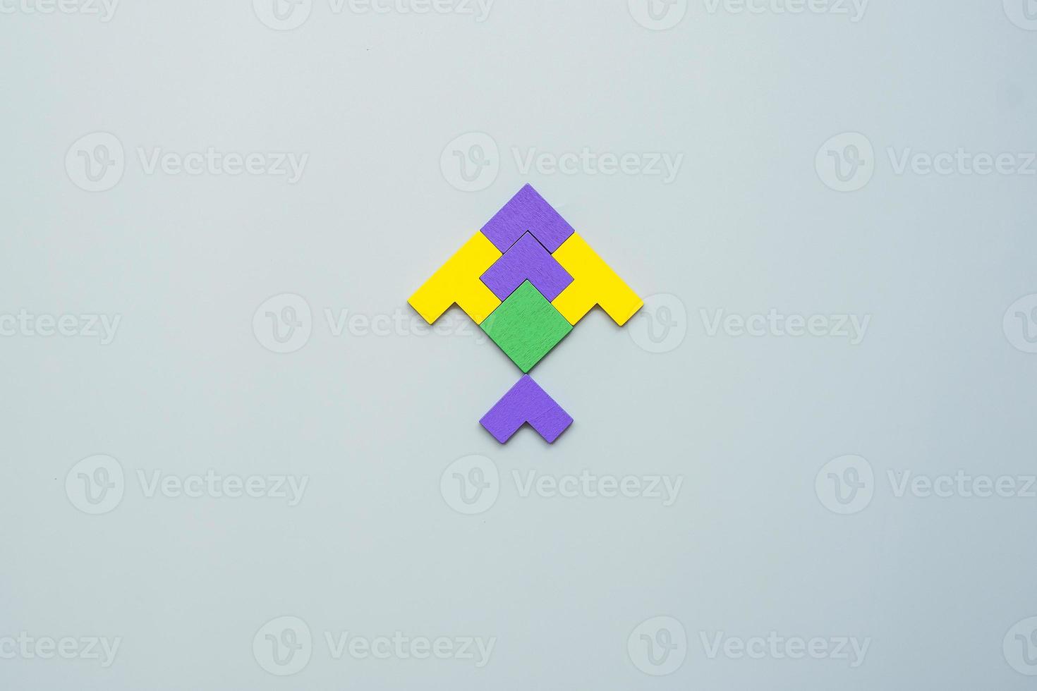 Fish shape block of colorful wood puzzle piece on gray background. logical thinking, business logic, Conundrum, decision, solutions, rational, mission, success, goals and strategy concepts photo