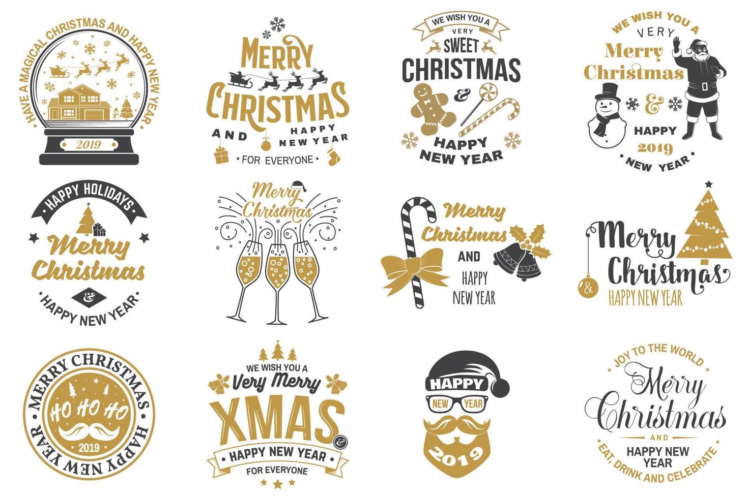 Set of Merry Christmas and Happy New Year stamp, sticker set with snowflakes, hanging christmas ball, santa hat, candy. vector