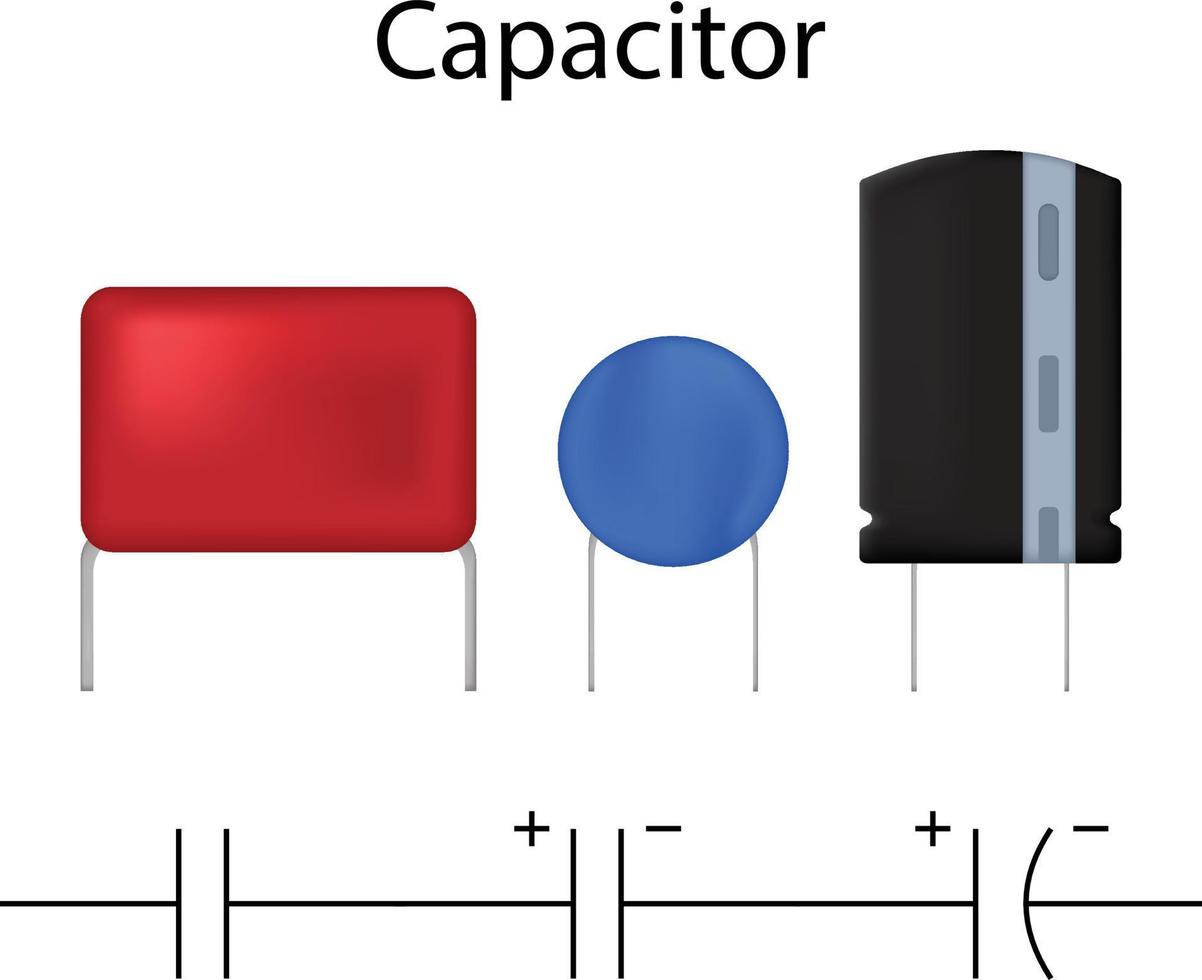 Realistic capacitor electronic component with symbols vector illustration electrical device icon art.