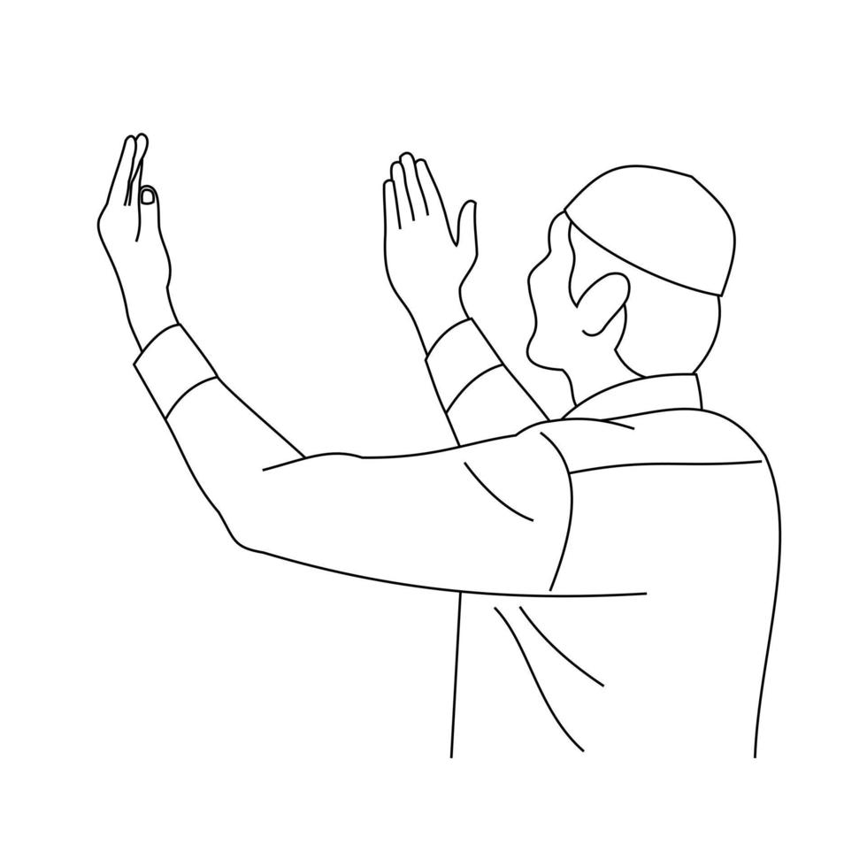 Illustration line drawing of people praying with hand up. For ramadan, eid al fitr, or church concept. Begging for forgiveness and believe in goodness. Prayer to god with faith and hope. Belief in god vector