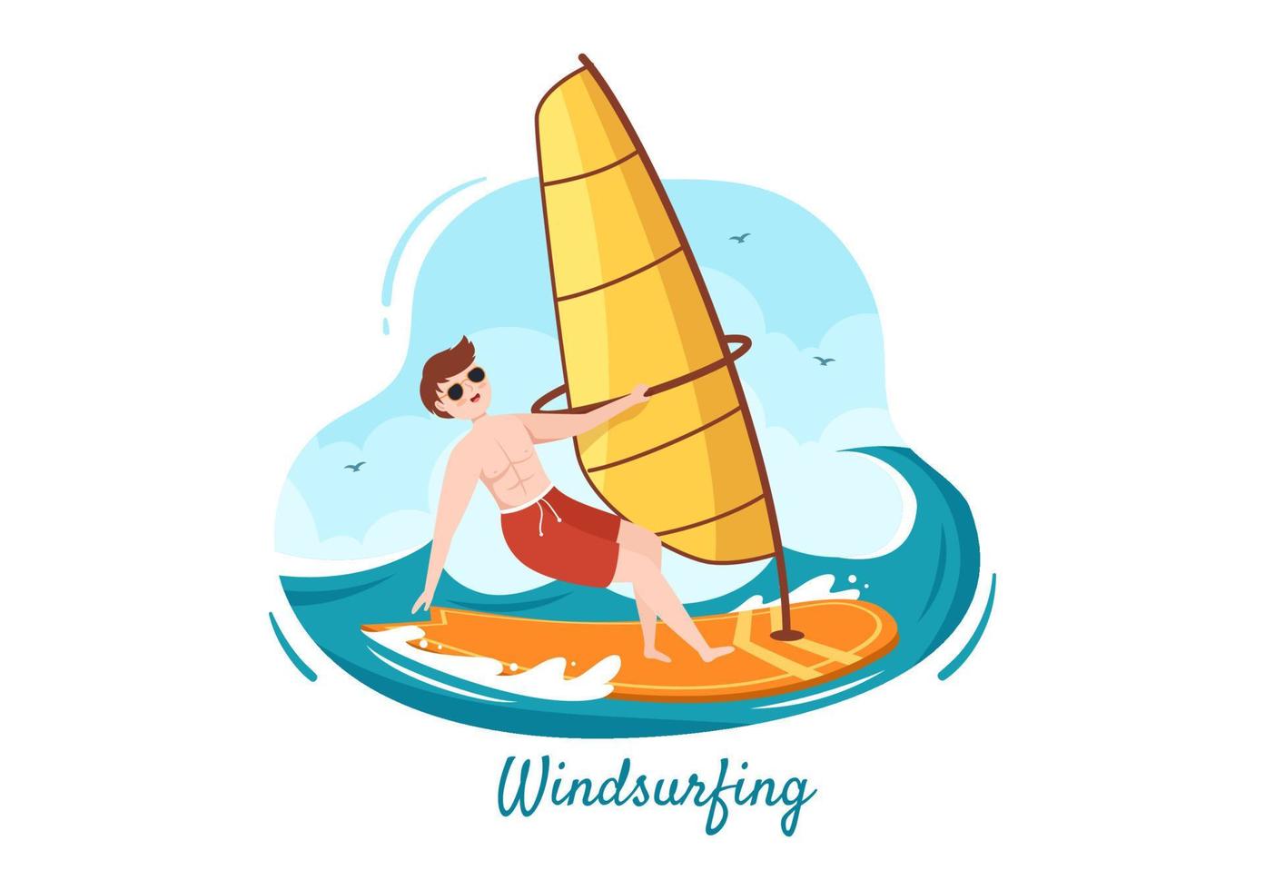Summer Windsurfing of Water Sport Activities Cartoon Illustration with Rides the Barreled Rushing Waves or Floating on Paddle Board in Flat Style vector