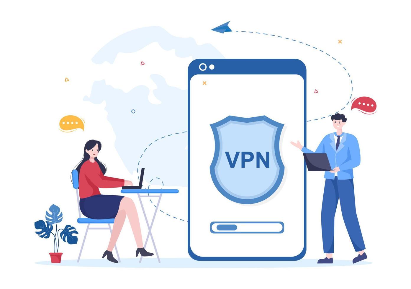 vpn o servicio de red privada virtual ilustración vectorial de dibujos animados para proteger, seguridad cibernética y asegurar sus datos personales en teléfonos inteligentes o computadoras vector