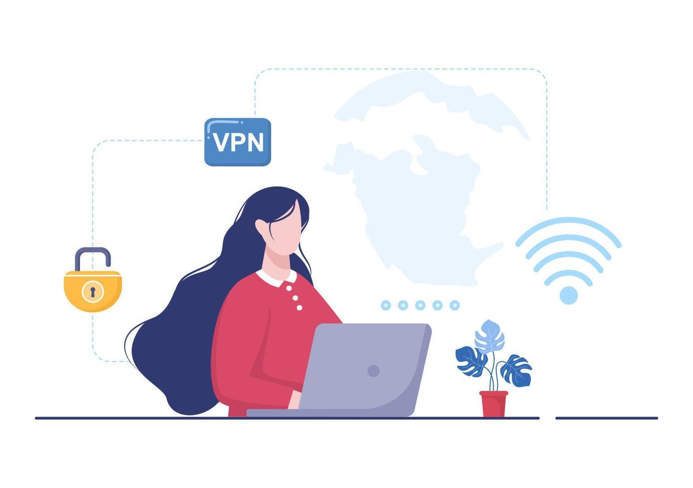 vpn o servicio de red privada virtual ilustración vectorial de dibujos animados para proteger, seguridad cibernética y asegurar sus datos personales en teléfonos inteligentes o computadoras vector