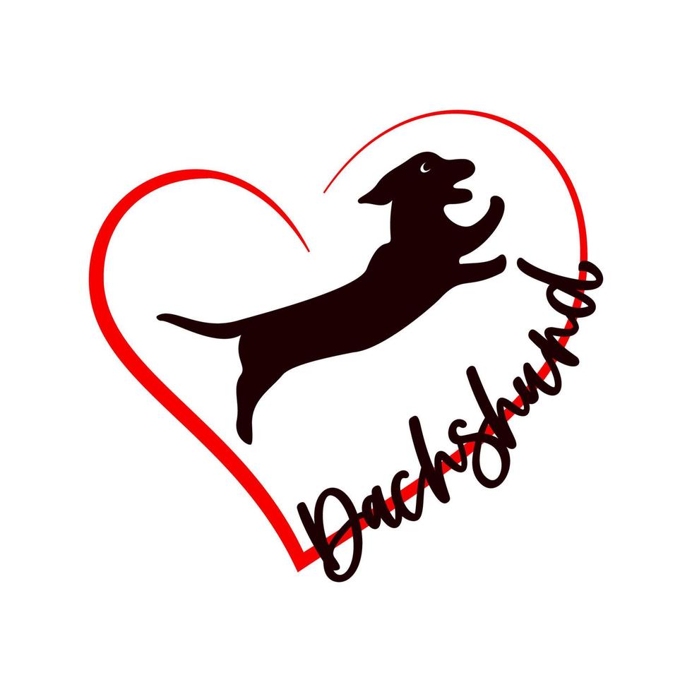 Dachshund with dog silhouette and red heart. T shirt print design. Vector illustration. Pet lover concept.