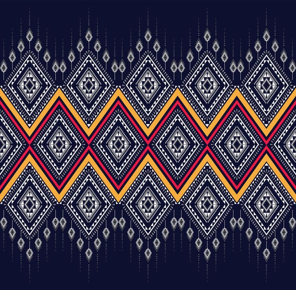diseño de bordado de textura étnica geométrica con diseño de fondo azul oscuro para vestuario, falda, alfombra, papel tapiz, ropa, envoltura, batik, tela, vector de formas de triángulo blanco de hoja, ilustración