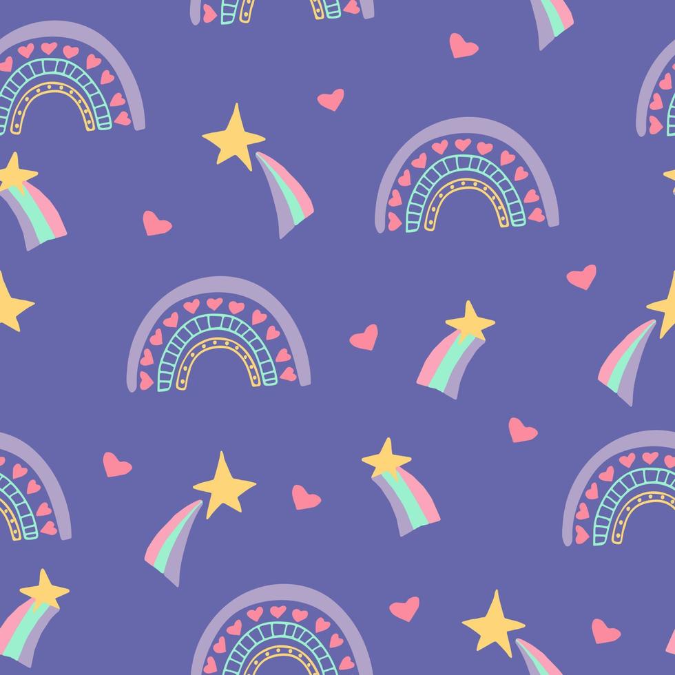 rainbow, star, heart seamless pattern hand drawn. . wallpaper, wrapping paper, textile, background fairy tale nursery pastel cute vector