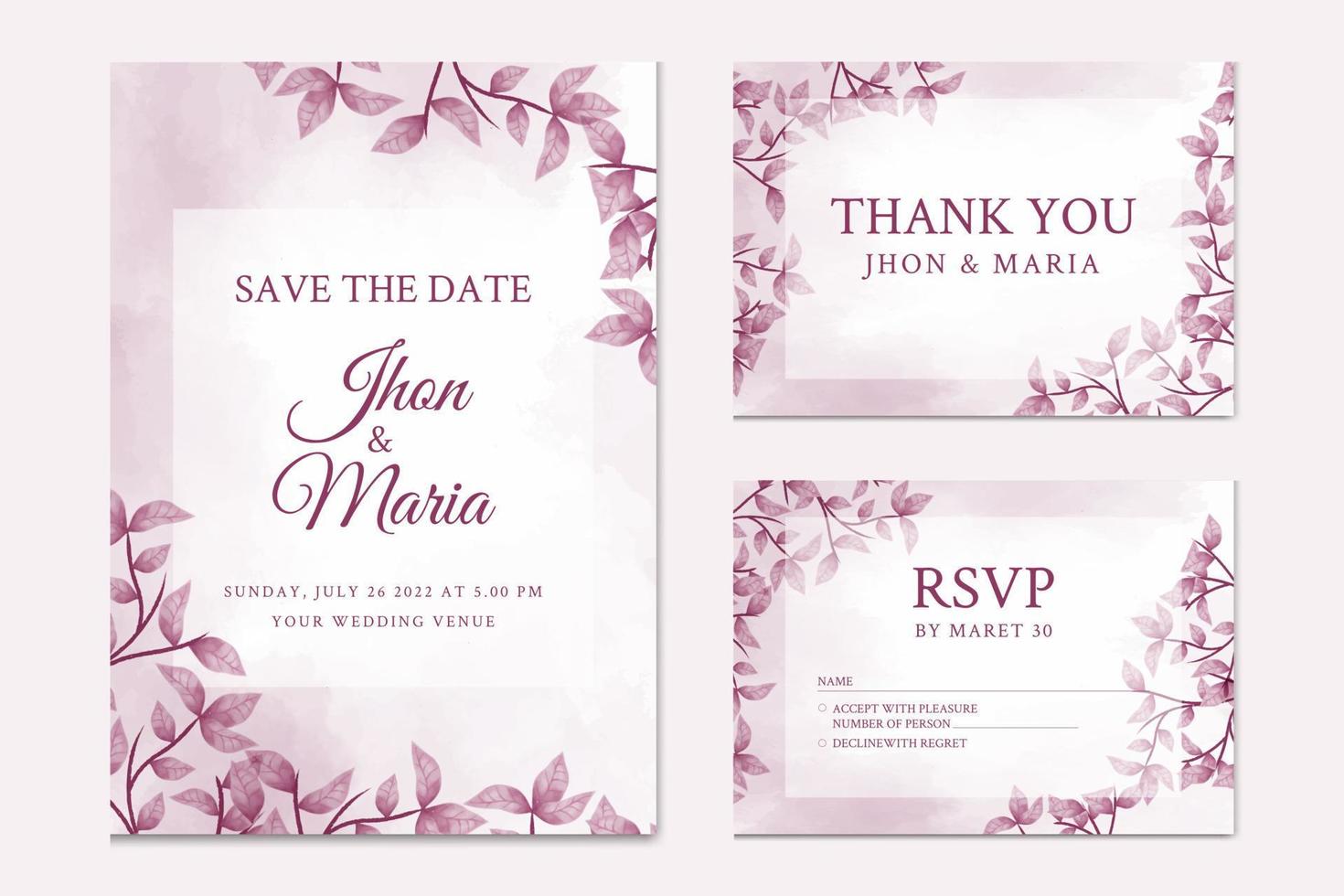 hermosa plantilla de tarjeta de invitación de boda de color de agua floral de hojas verdes vector