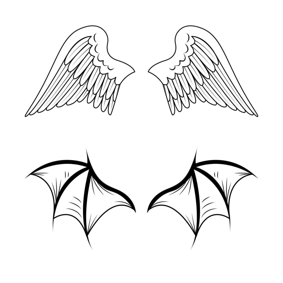 vector de dibujo de alas de ángel y demonio. ala, plumas de pájaro, cisne, águila. murciélago, colección de arte lineal de siluetas de vampiros. mostrando gárgola, demonio, diablo garabato. bocetos para un tatuaje