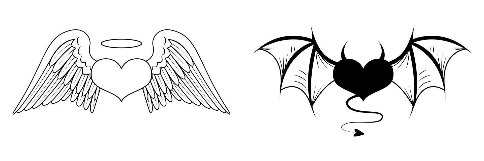 Two hearts with angelic and demonic wings. Angel heart with halo. Devil heart with horns and tail. Sketch for a tattoo. Vector illustration isolated on white background