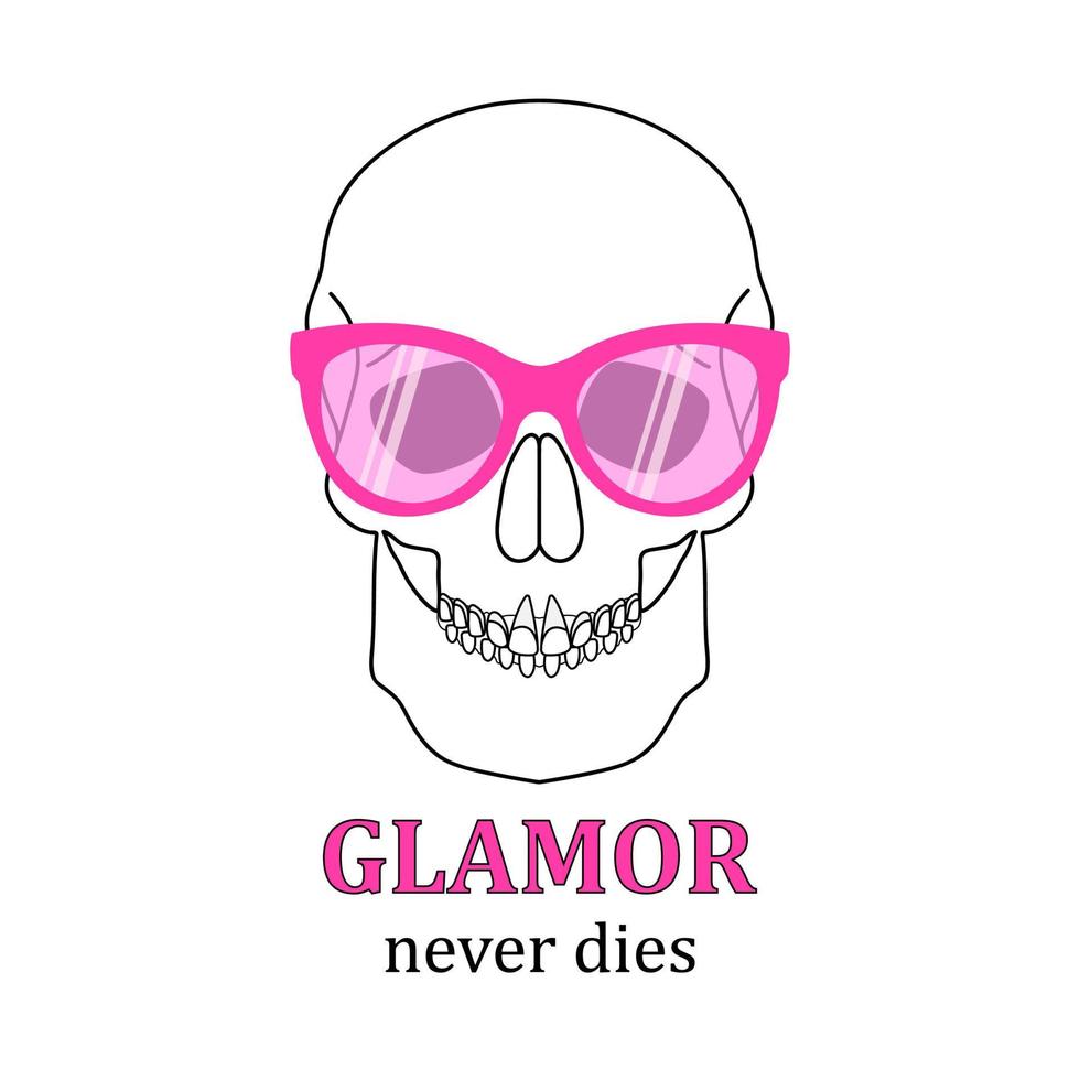 Skull in pink sunglasses. Glamor never dies. Print design for t-shirt, sticker, sticker, notepad. Vector illustration isolated on white background