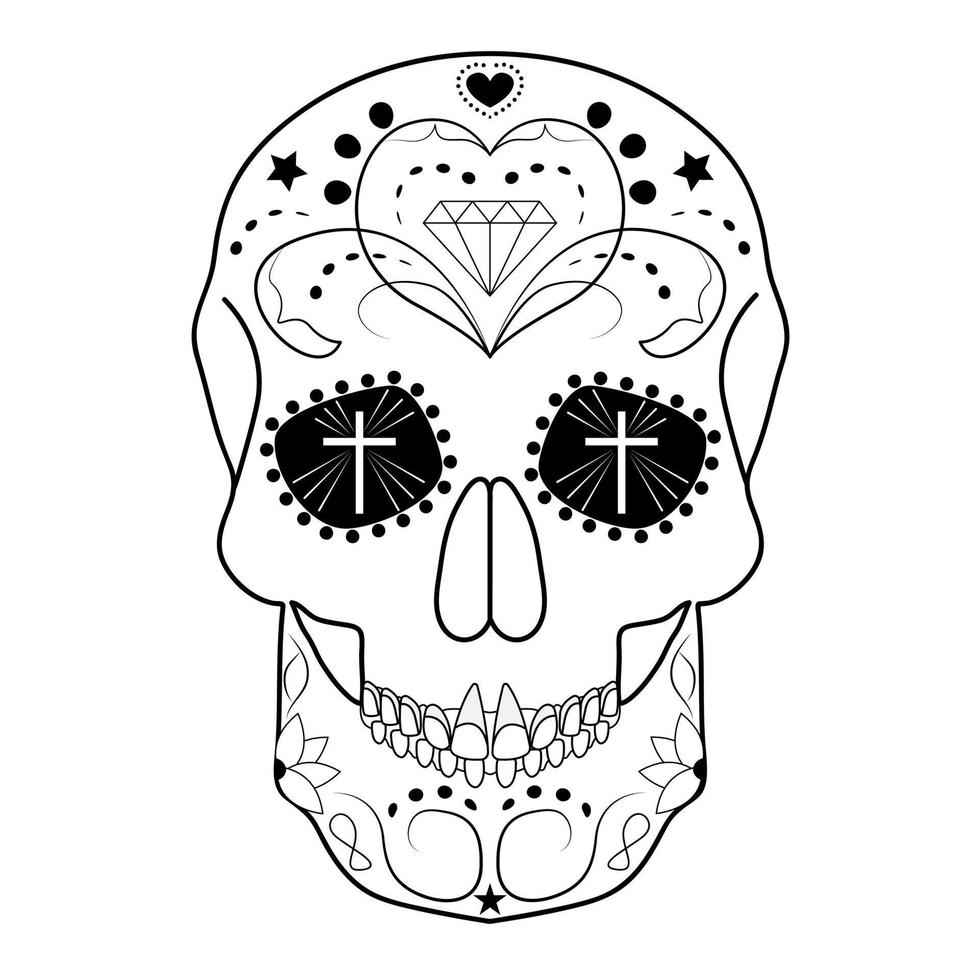 Vector black and white tattoo skull illustration. Day of the Dead