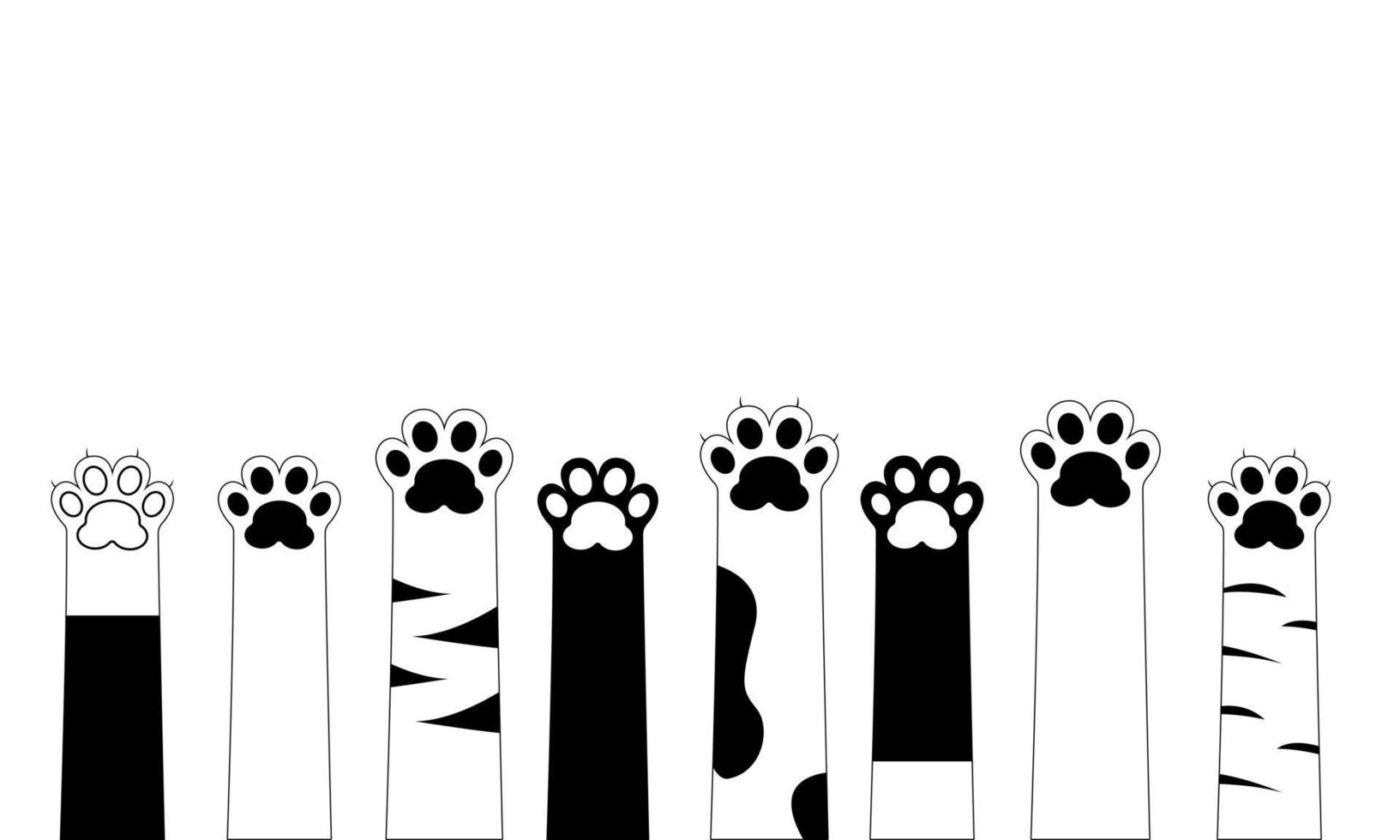 Cat paws. Black and white background, flat design. Cute cat paws wallpaper. Vector illustration