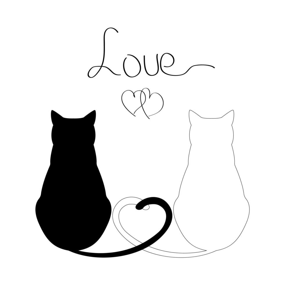 Vector silhouette of cat couple in love with shape heart tails. Greeting card illustration