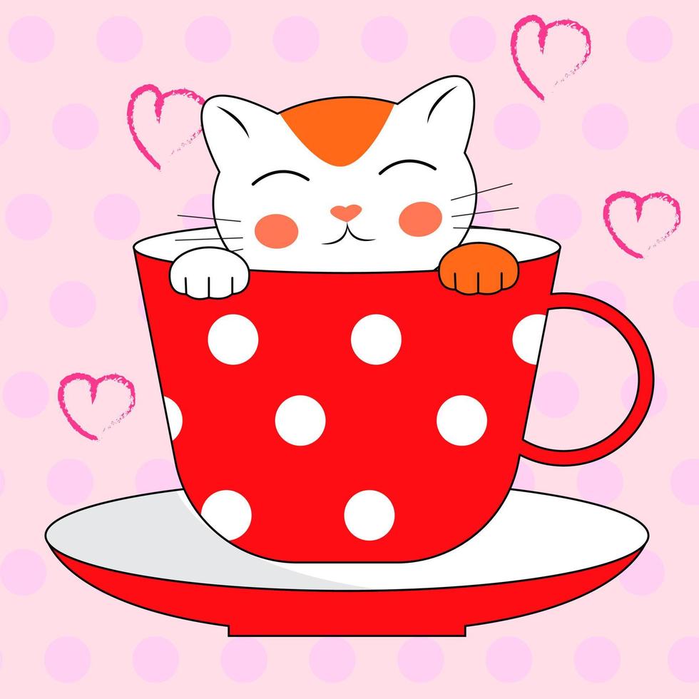 Cute white cat characters in a coffee cup. Cartoon character in doodle style. Vector illustration