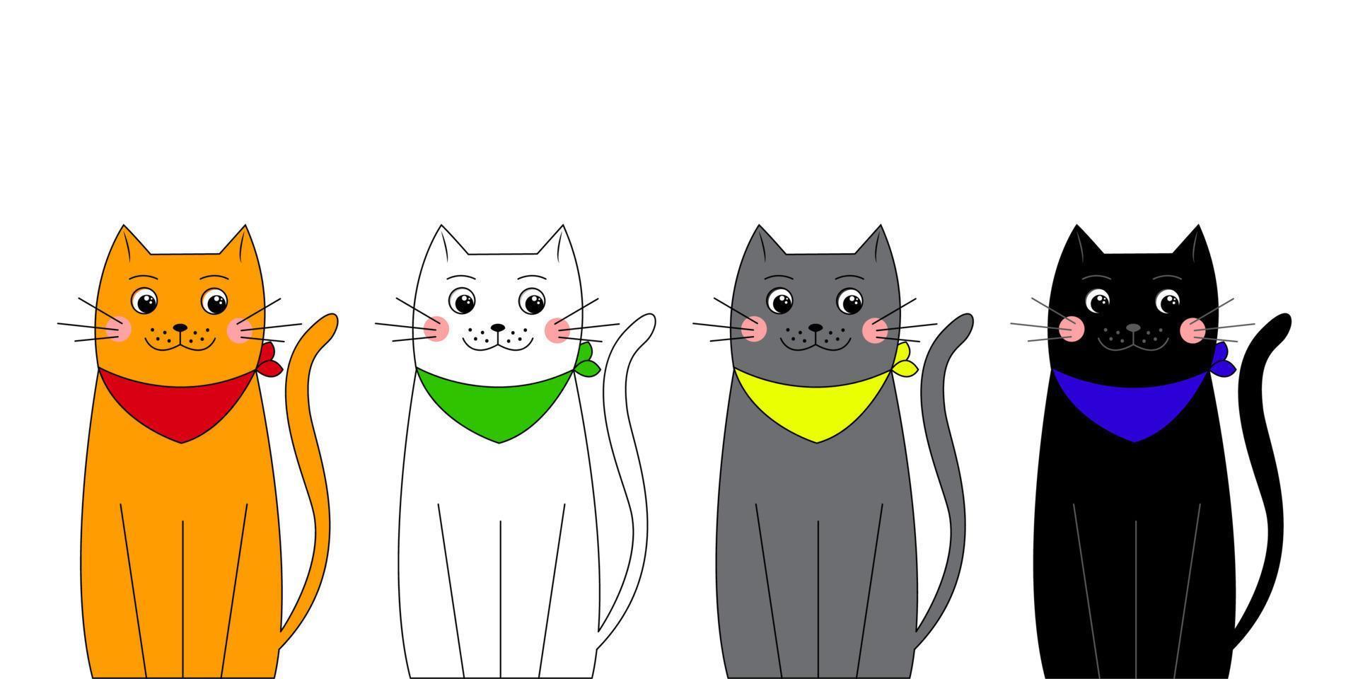 lindos personajes de dibujos animados gatos felices de diferentes colores y razas en bufandas de cuello. ilustración vectorial aislado sobre fondo blanco vector