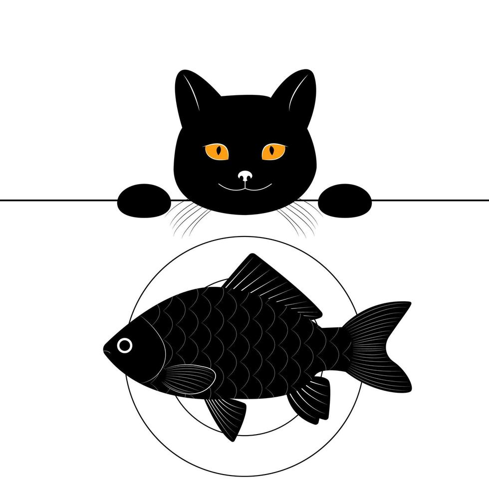 The black cat looks on the table and wants to steal the fish. Funny cartoon character. Print for a T-shirt. Vector illustration isolated on white background