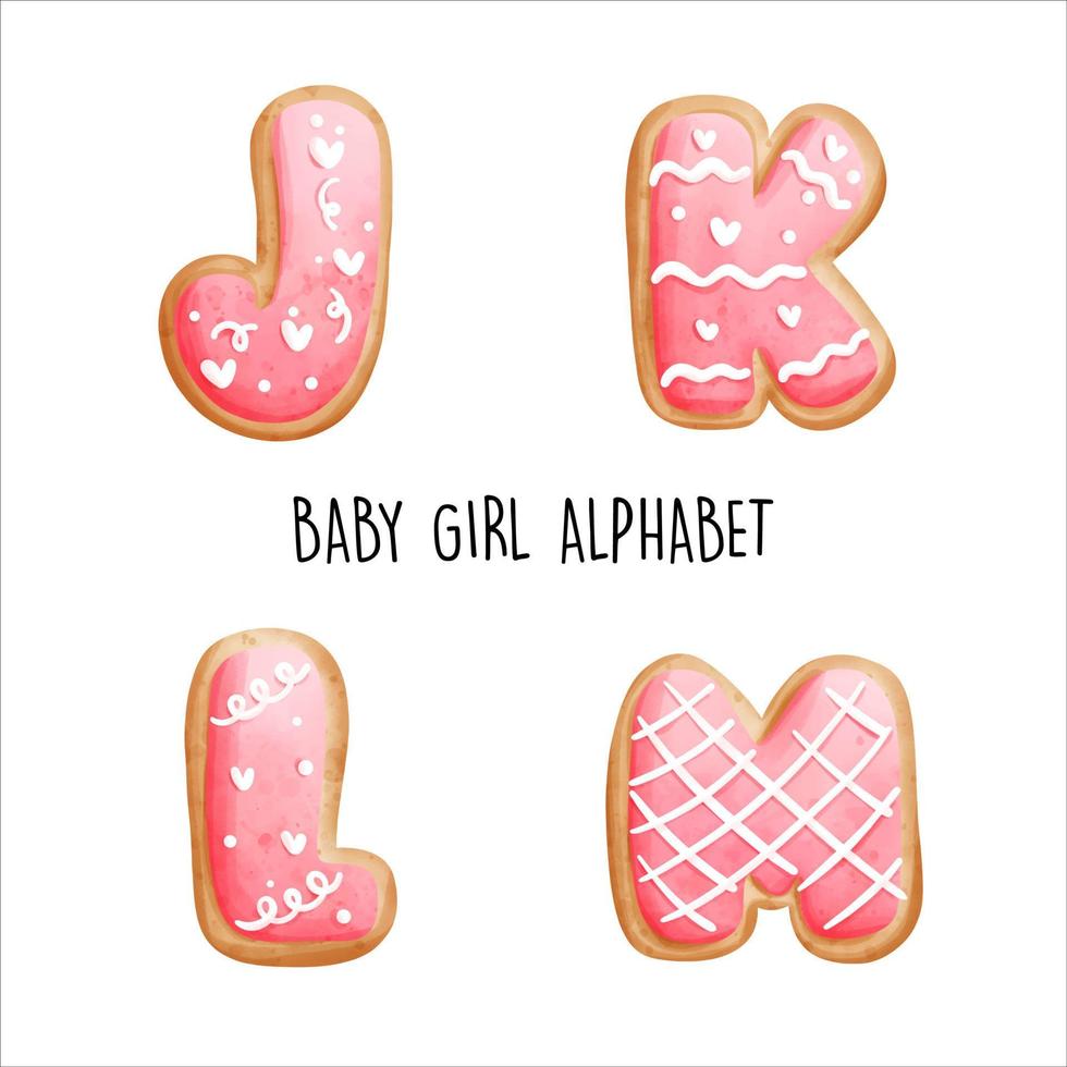 baby girl alphabet, pink cookies alphabet. Vector illustration