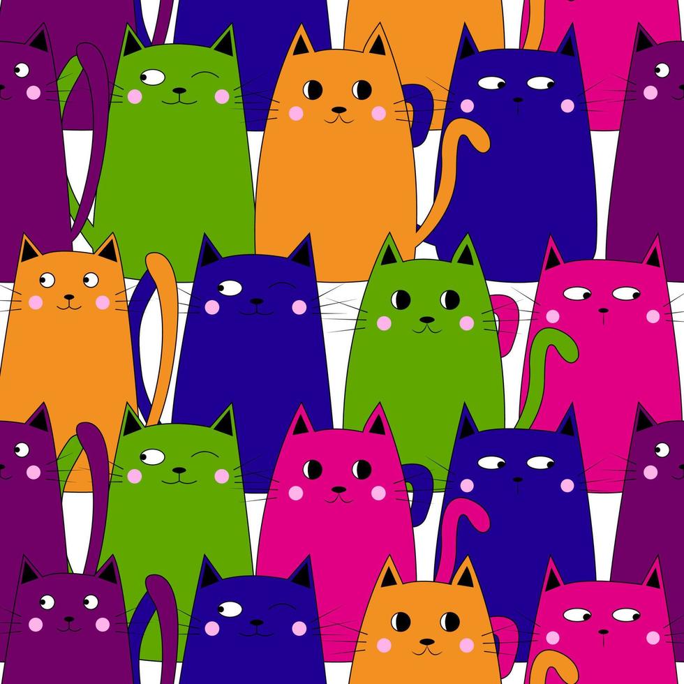 Seamless pattern of colorful drawn cute cats in doodle style. Funny cartoon cats. Vector illustration