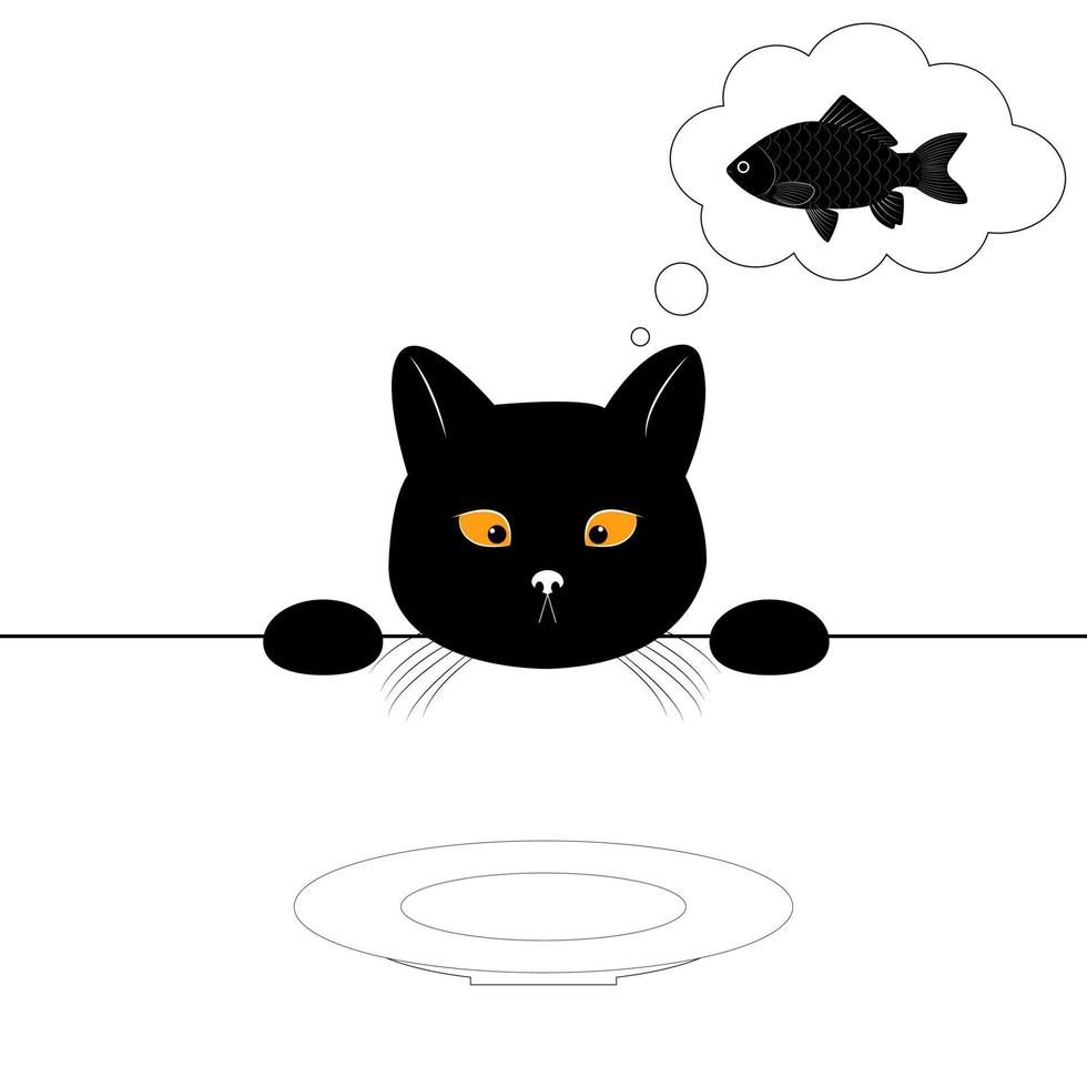 A sad hungry black cat looks at an empty plate and dreams of a fish. The cat wants to eat. Cute character. T-shirt print. Vector illustration isolated on white background