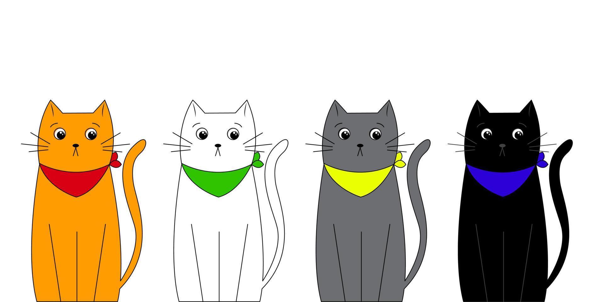 lindos personajes de dibujos animados gatos tristes de diferentes colores y razas en pañuelos para el cuello. ilustración vectorial aislado sobre fondo blanco vector