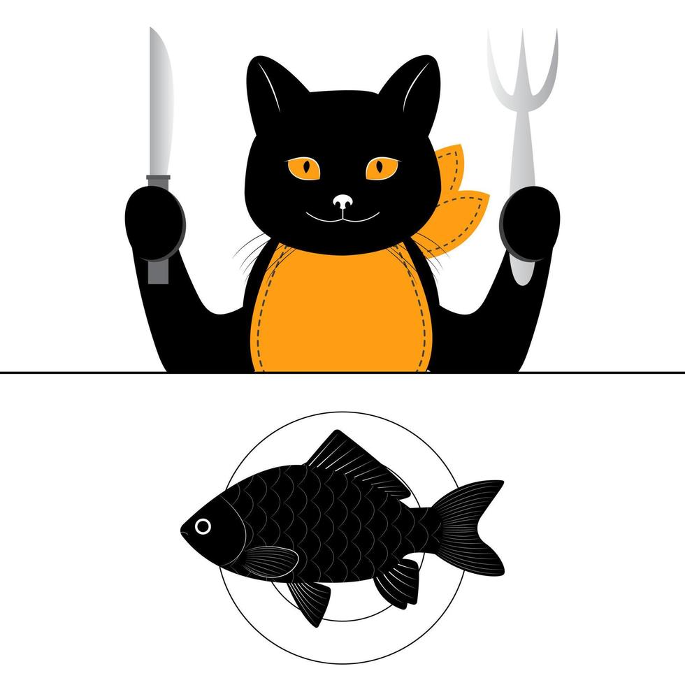 A cute black cat sits with a fork and knife at the table. The cat is going to eat the fish. Print for a T-shirt. Vector illustration isolated on white background