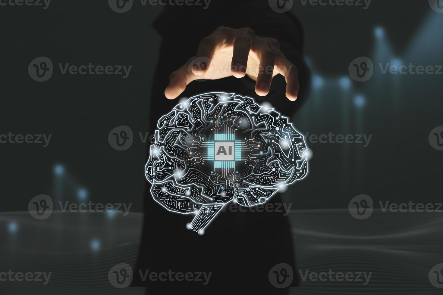 cerebro con diseño de pcb de placa de circuito impreso y hombre de negocios que representa inteligencia artificial ai foto