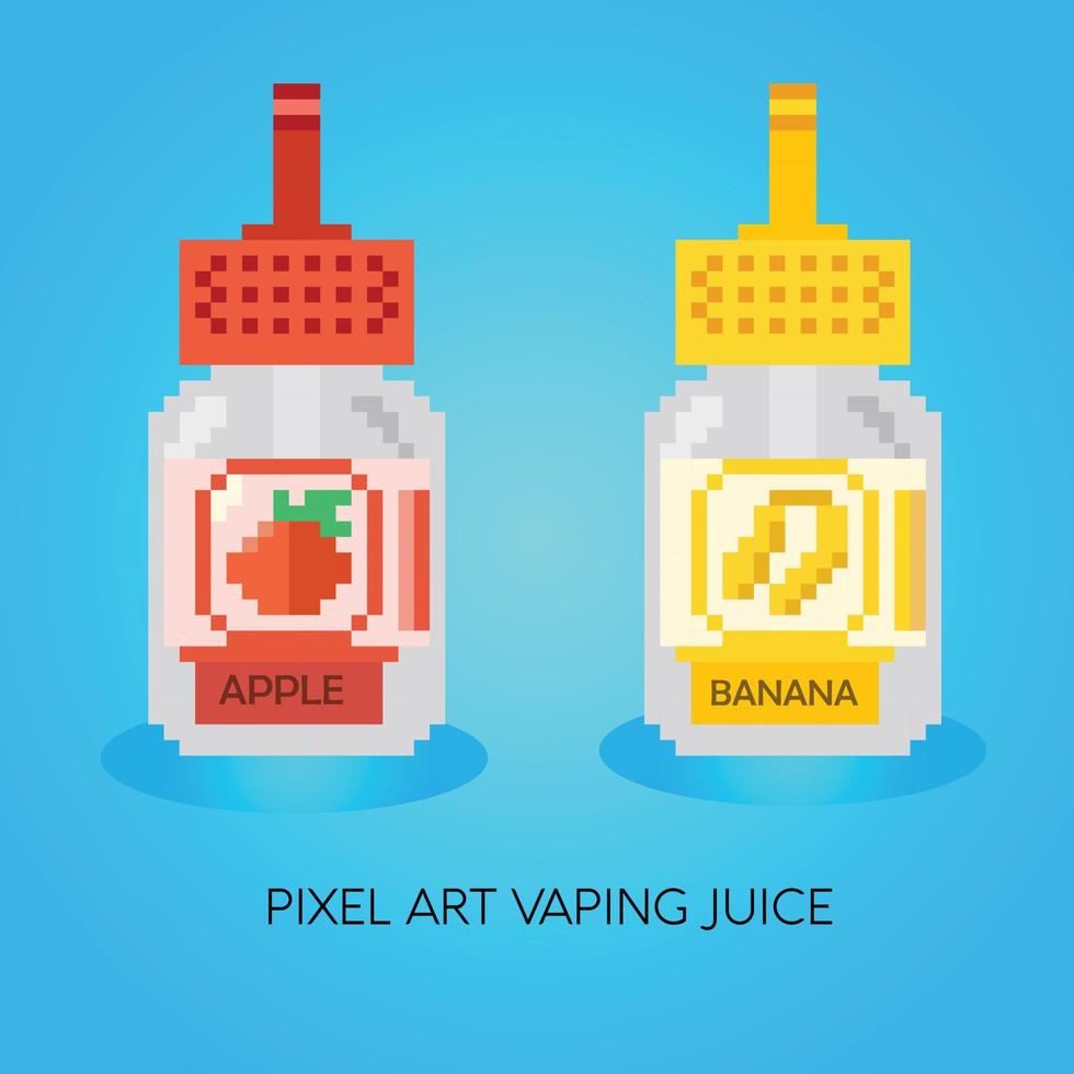 Pixel E-liquid flavors. Pixelart vaping juice or vape juice signs . set of e-liquid for vaporizer, pixel bottle with fruit flavor vector