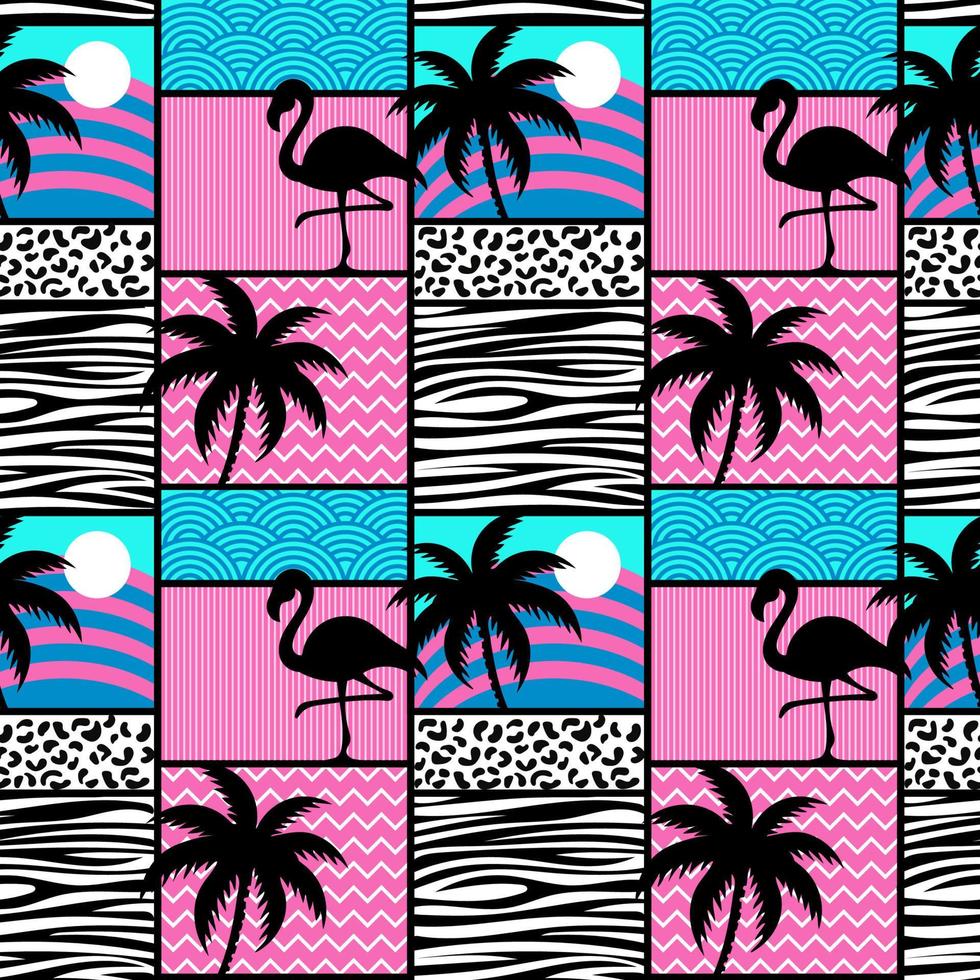 Seamless pattern with flamingos and palms. Exotic Hawaii background vector