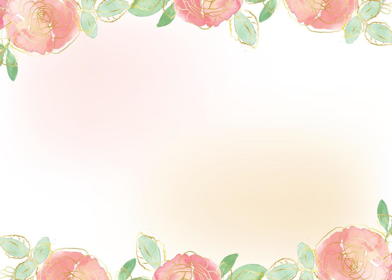 ramo de flores de rosas sueltas de acuarela con fondo de banner de marco cuadrado de arte de línea dorada vector