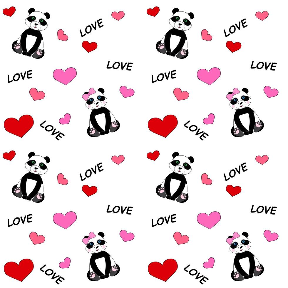 Cute seamless pattern with pandas and hearts. Background for children vector