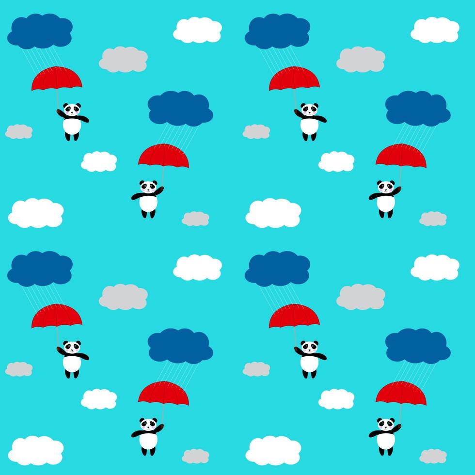 Cute panda under an umbrella in the sky. Childish seamless pattern. Vector illustration