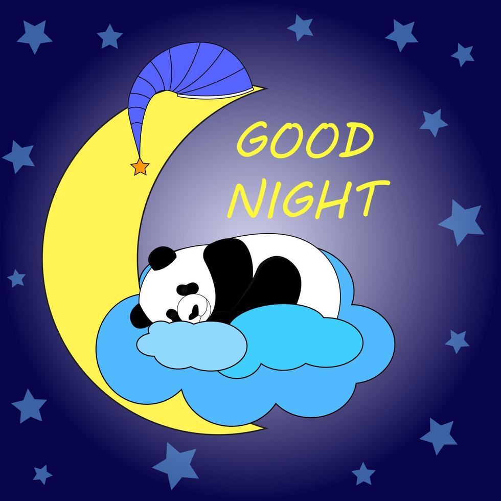 A cute panda sleeps on a cloud and a big moon against the background of the night sky. Sticker, postcard. Vector illustration