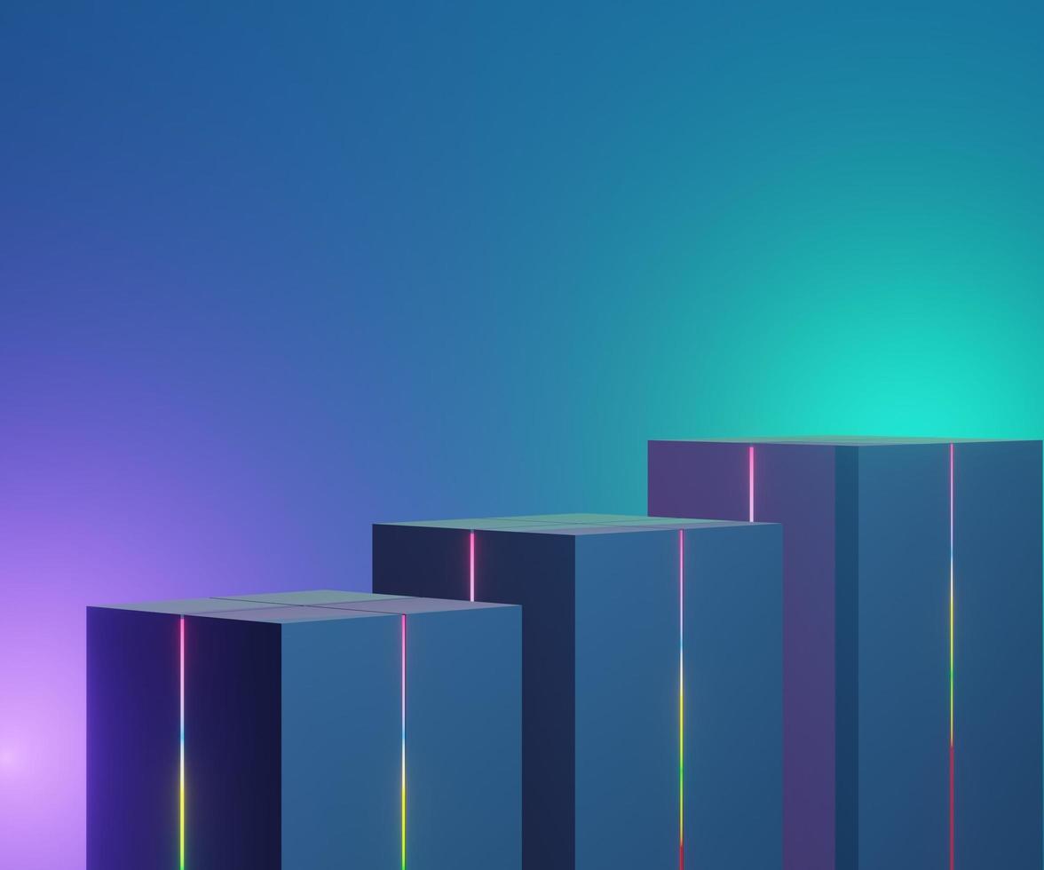 3d geometric forms. Classic blue box podium with neon light in dark theme. Minimal scene for  product display. photo