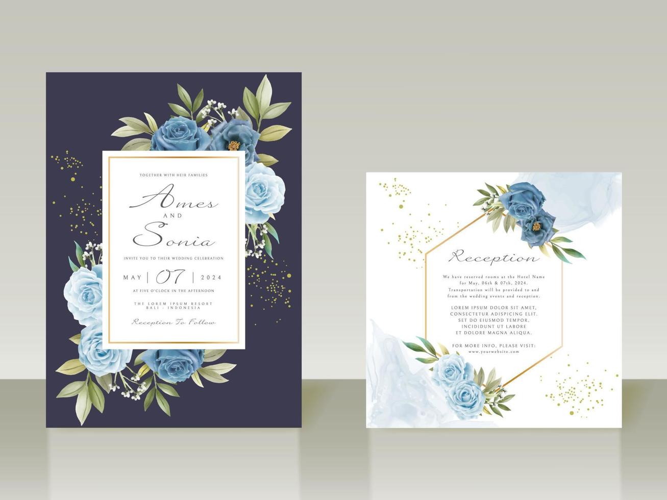 invitaciones de boda elegantes flores azules vector