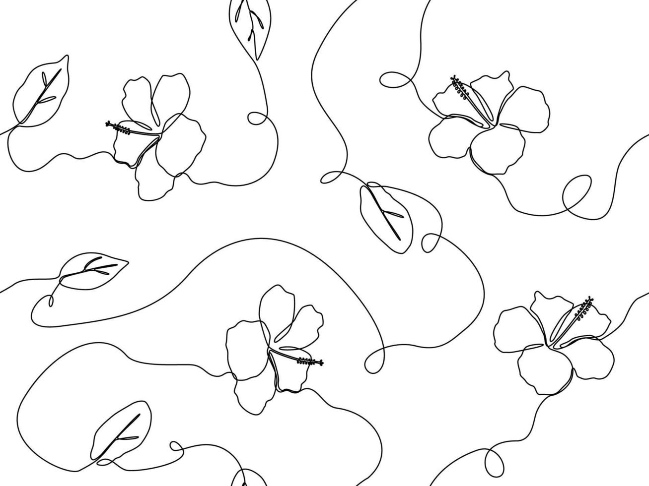 Exotic hibiscus flower in one line drawing in seamless pattern background design vector