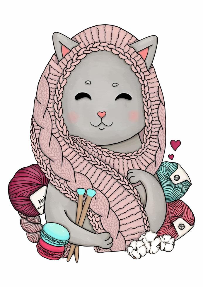 Knitting cat with knitted accessories and yarn balls vector illustration