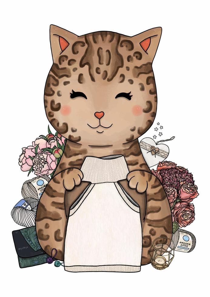 Knitting cat with knitted accessories and yarn balls vector illustration