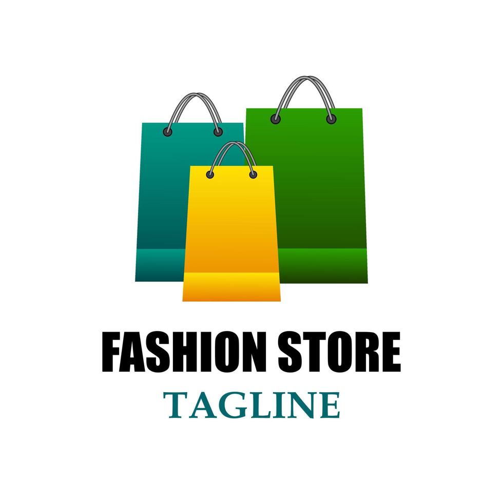 Store logo idea. Fashion store concept. A set of colorful paper shopping bags. Trademark. Vector illustration isolated on white background