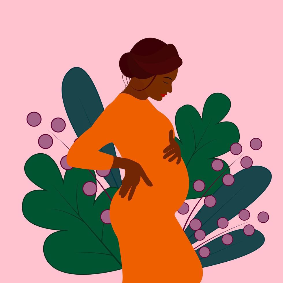 Black pregnant girl. Pregnant black woman in a orange dress. Expectant mother hugs her belly. Vector illustration