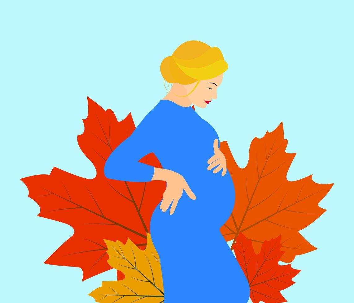 Pregnant girl. Pregnant woman in a blue dress. Expectant mother hugs her belly. Vector illustration