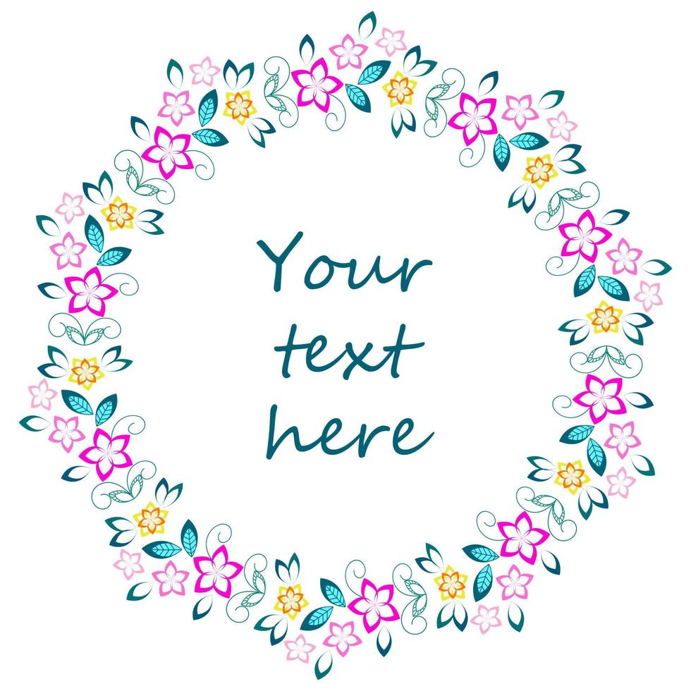 Multicolored round floral frame. Design for a greeting card or invitation. Floral print. Floral pattern. Vector illustration isolated on white background