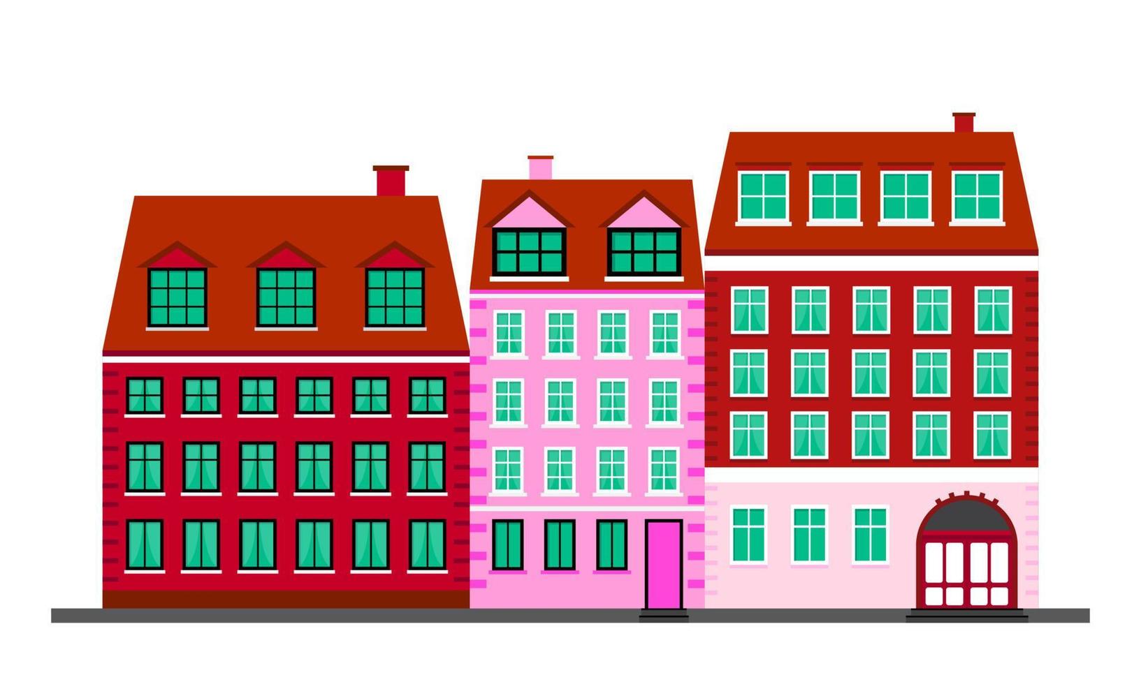 vida en la ciudad. casas coloridas al estilo escandinavo. paisaje con fachadas de edificios. ilustración vectorial aislado sobre fondo blanco vector