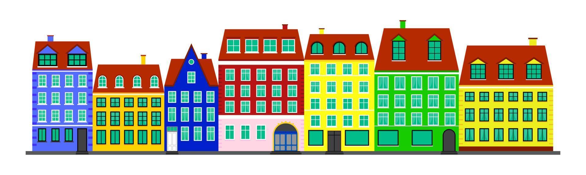 vida en la ciudad. casas coloridas al estilo escandinavo. calle de casas escandinavas. paisaje con fachadas de edificios. ilustración vectorial aislado sobre fondo blanco vector