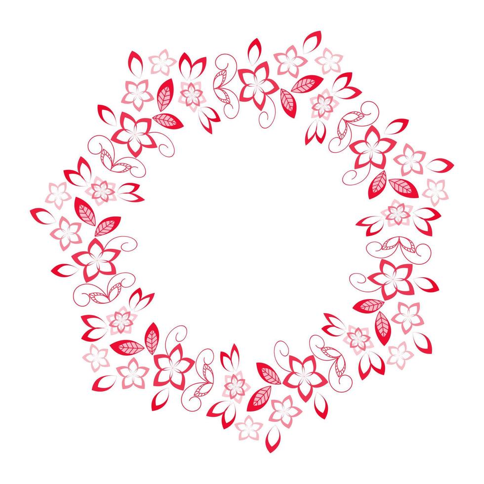 Red decorative round frame of flowers and leaves. Abstract floral ornament. Pattern design. Vector illustration isolated on transparent background