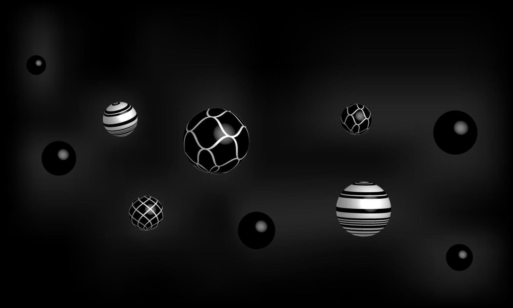 fondo negro con bolas. Ilustración 3d, representación 3d. diseño abstracto vectorial para banner, papel tapiz vector