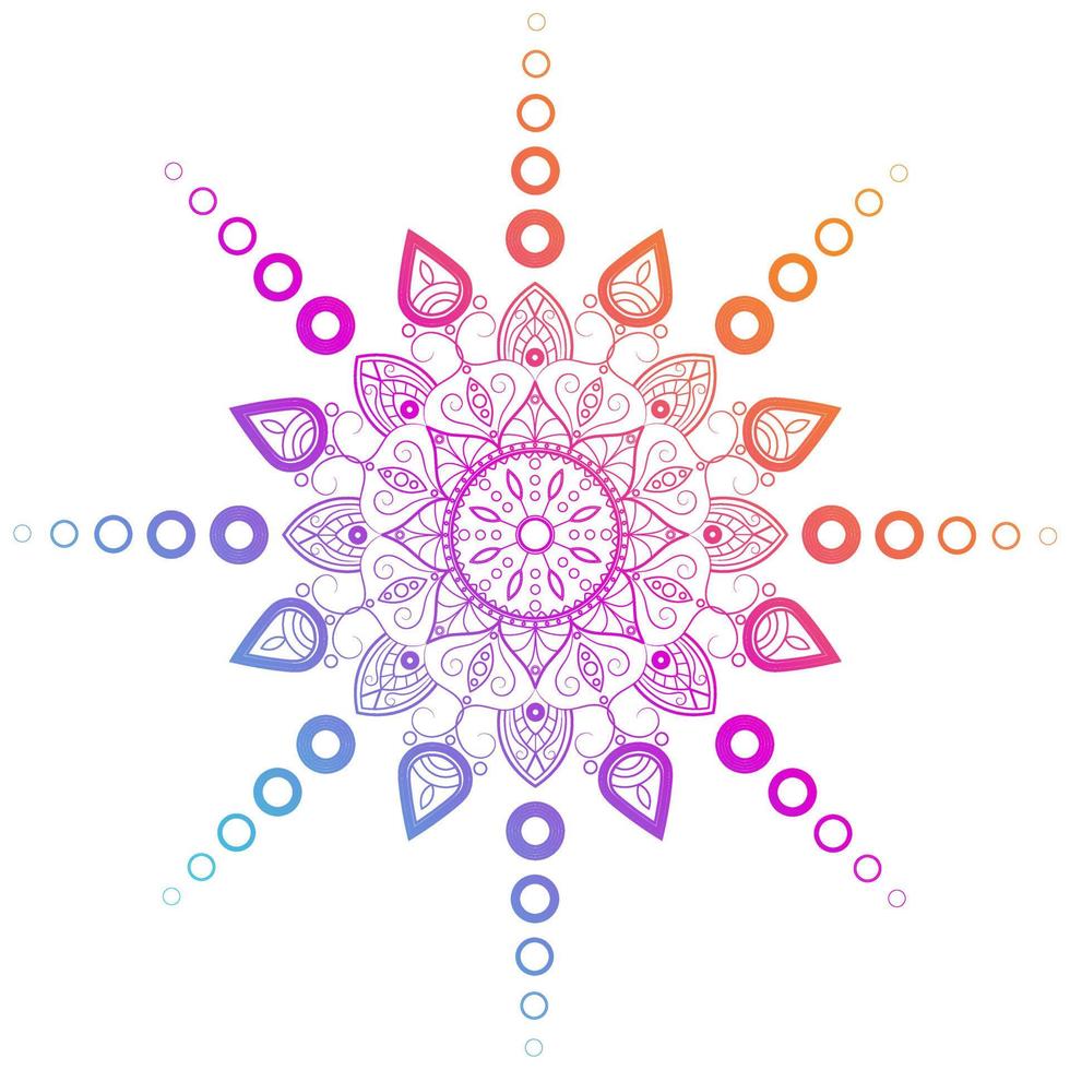 Round gradient mandala on a white isolated background. Vector boho mandala in blue and pink colors. Mandala with floral patterns. Yoga template