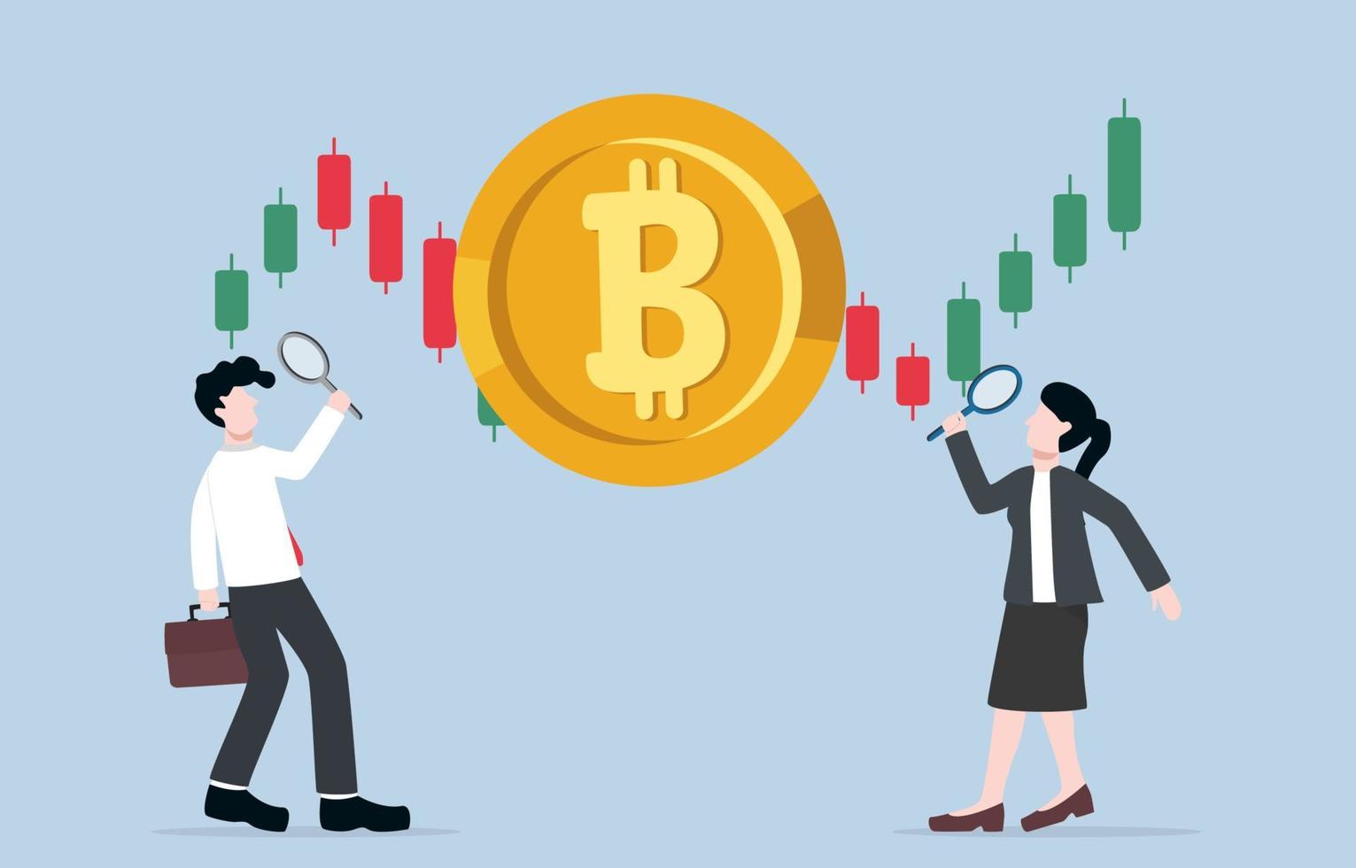 Bitcoin or crypto coin analysis for speculation, predicting appropriate time to make profit from cryptocurrency trading concept. Businesspersonsusing magnifier to look at bitcoin candlestick graph. vector