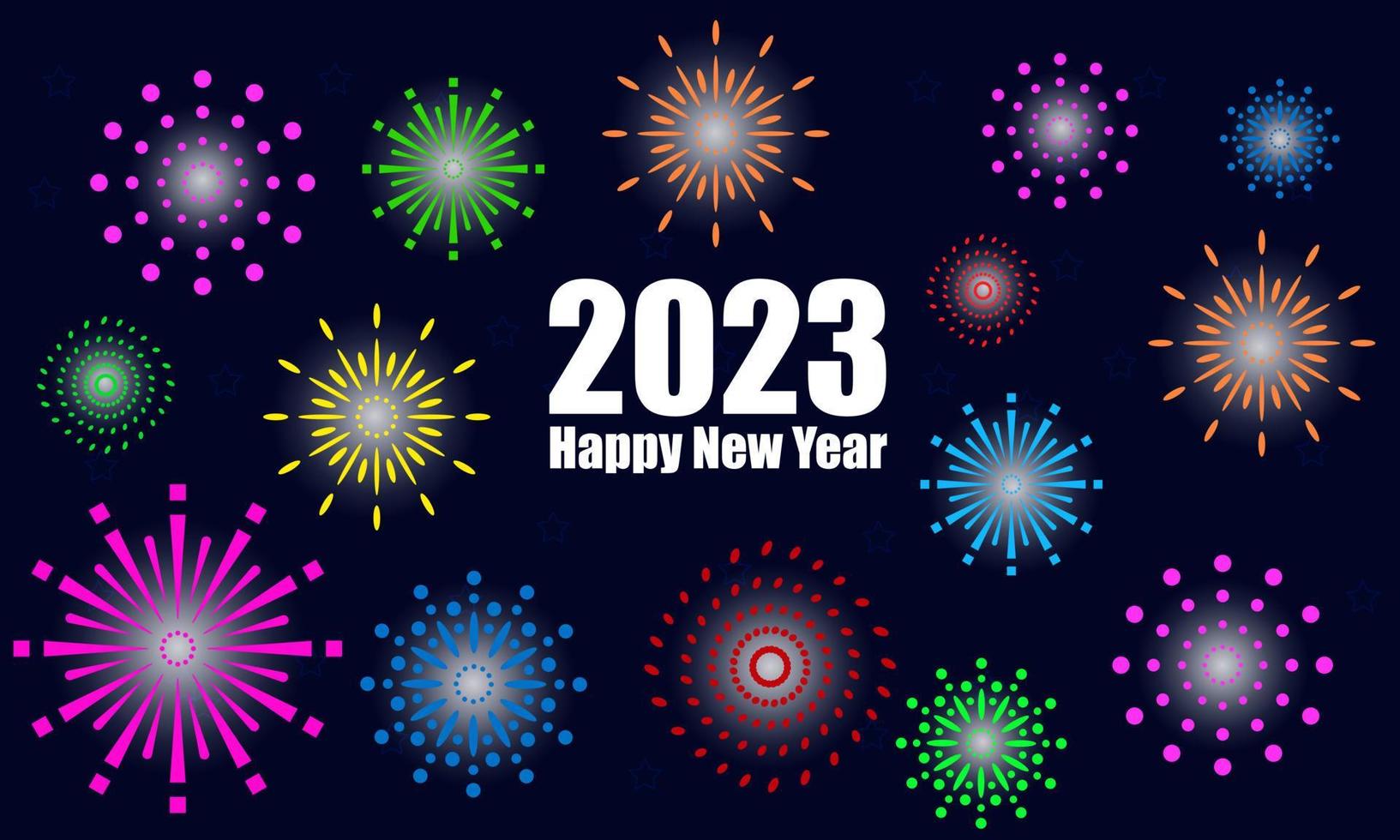 Happy new year 2023. Bright colorful fireworks in flat geometric design. Holiday decor, postcard, poster, banner, flyer. Vector illustration