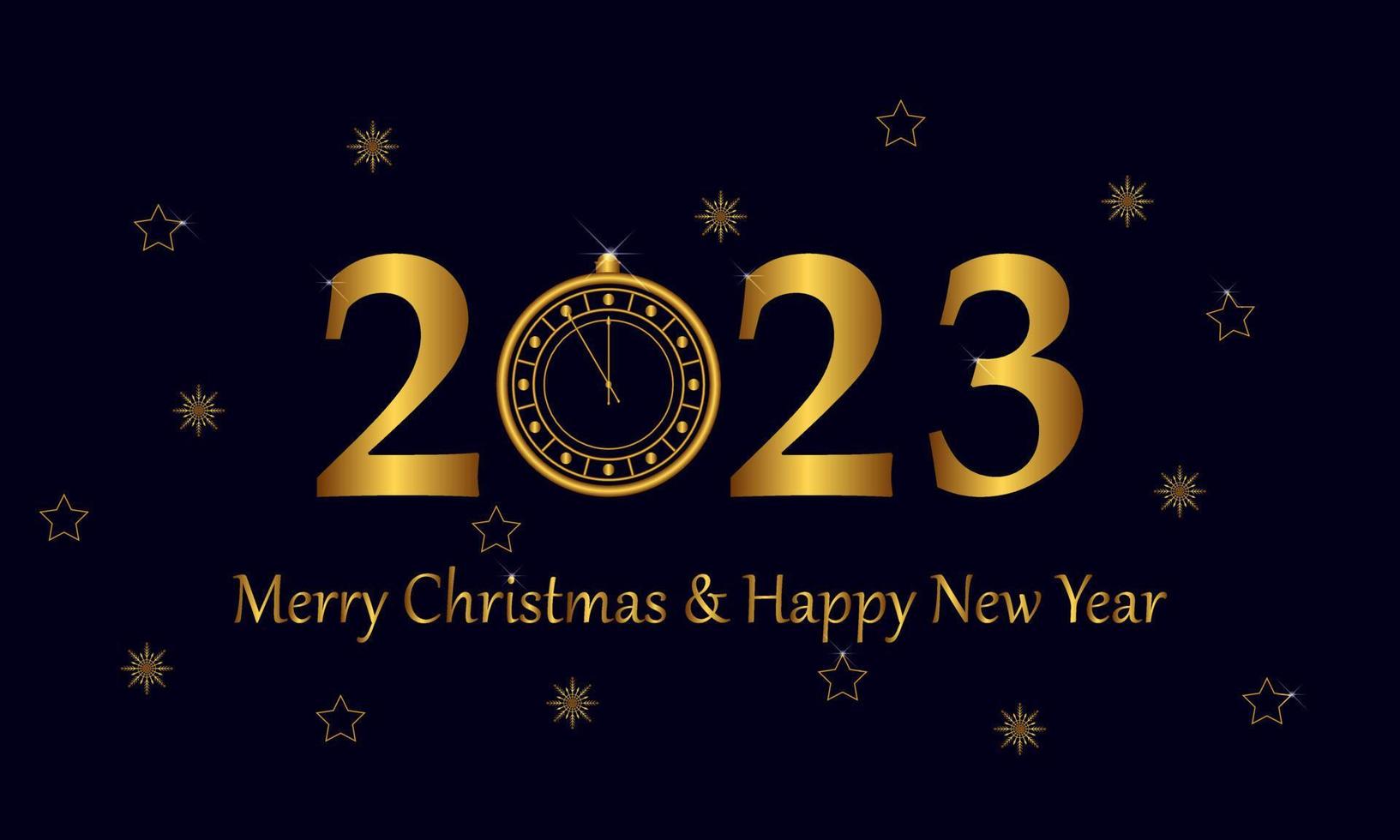 feliz año nuevo 2023. elegante saludo navideño con texto metálico dorado realista y reloj 3d. ilustración vectorial vector